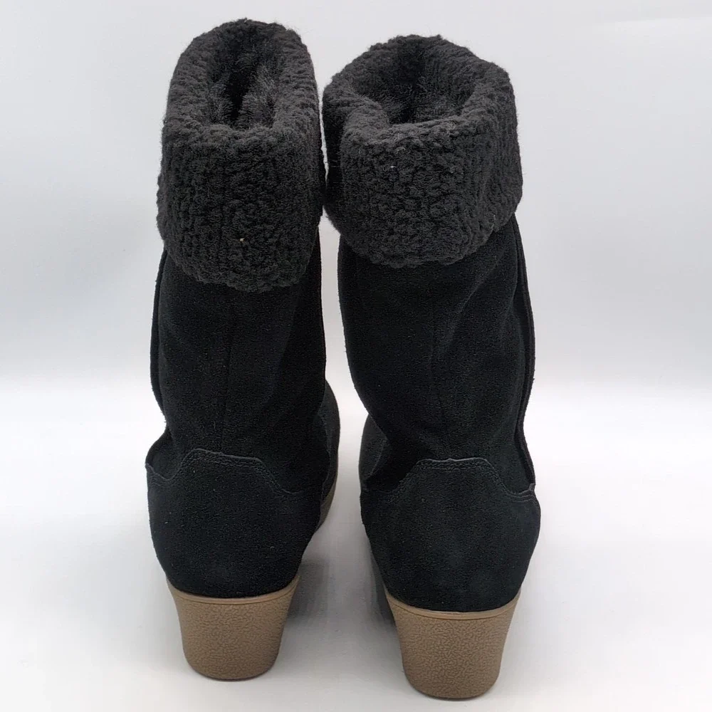 Lands End Shoes Womens Black 9.5 Suede Winter Boots Faux Fur Lined Wedge Pull On
